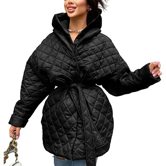 BTFBM Button Down Quilted Puffer Jacket with Belt Pockets Removable Hood Sz M - Picture 3 of 4